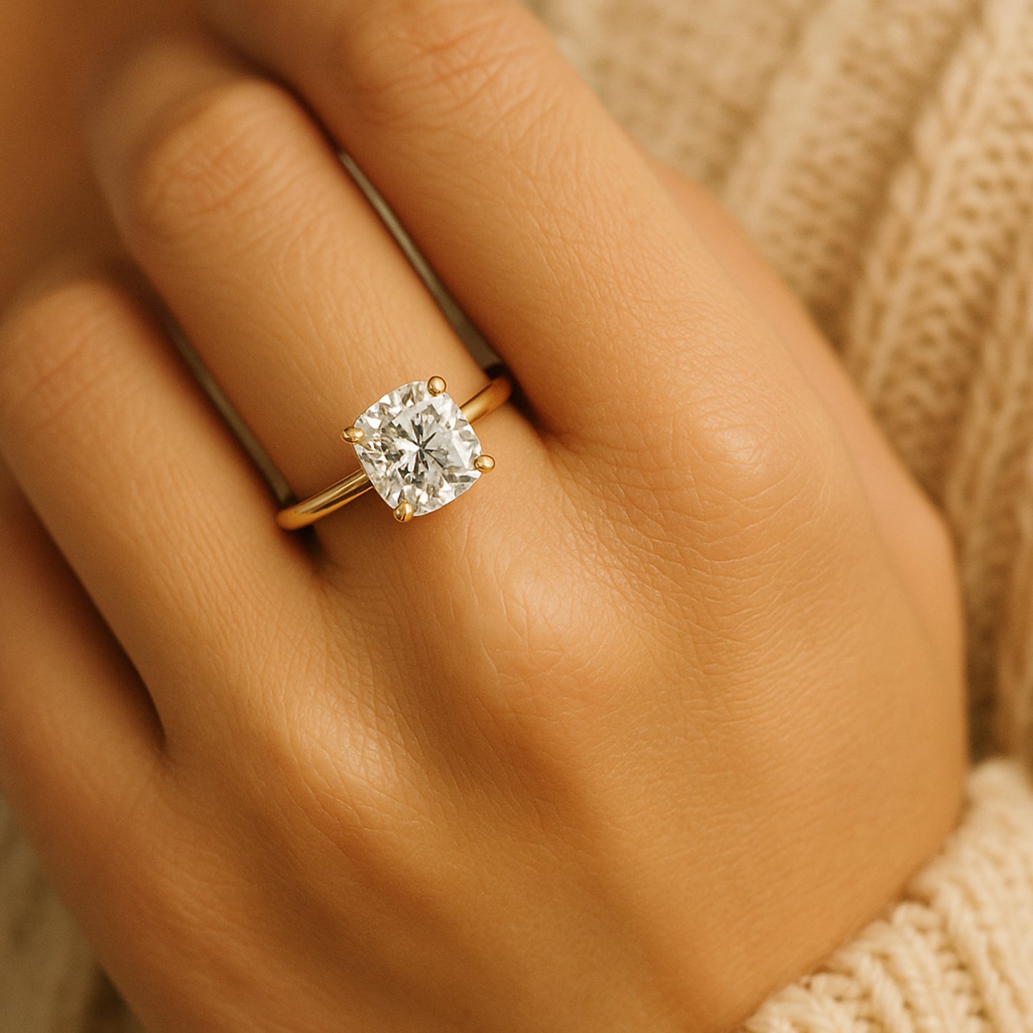 Cushion Cut Moissanite Engagement Ring With Gold Band, Elegant Diamond Alternative Ring Perfect For Brides.