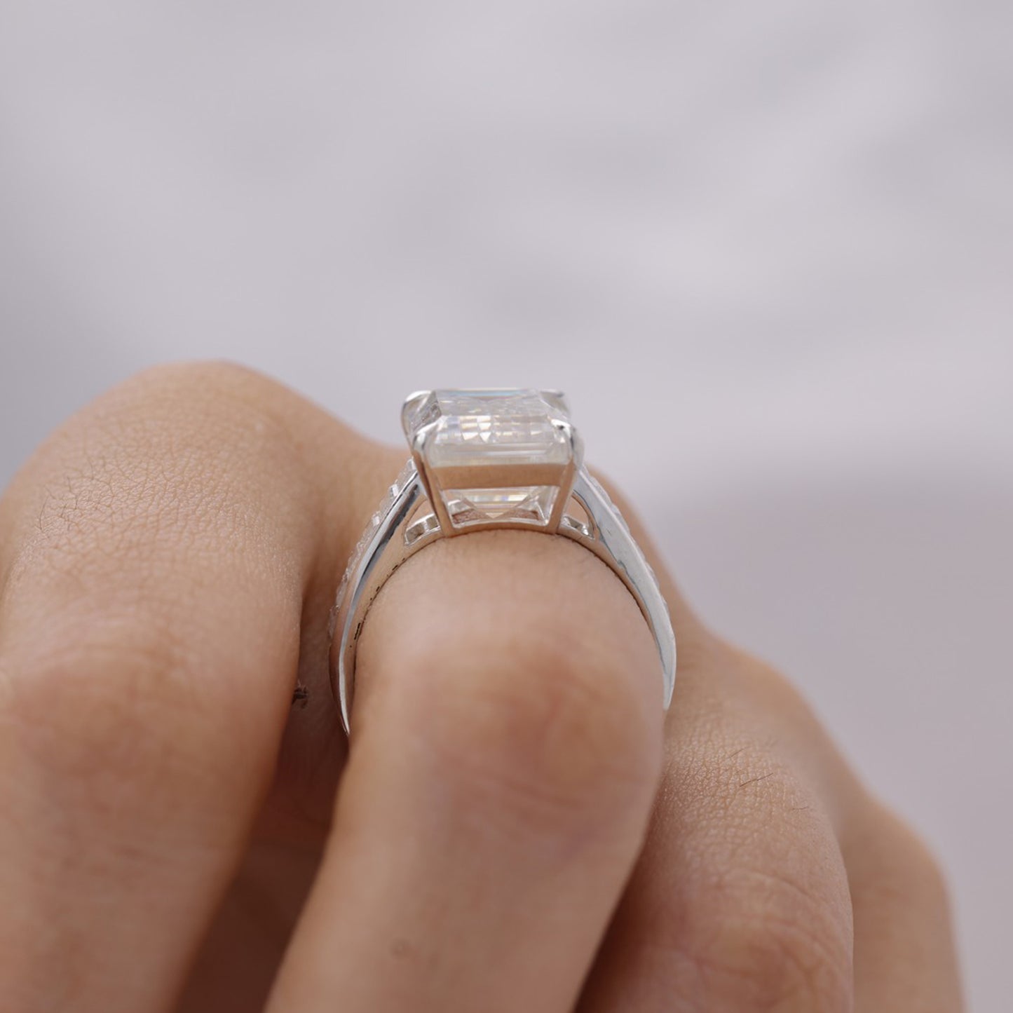 Moissanite Emerald Cut Ring, Baguette Side Stones 14K Gold Engagement Fine Jewelry With Elegance