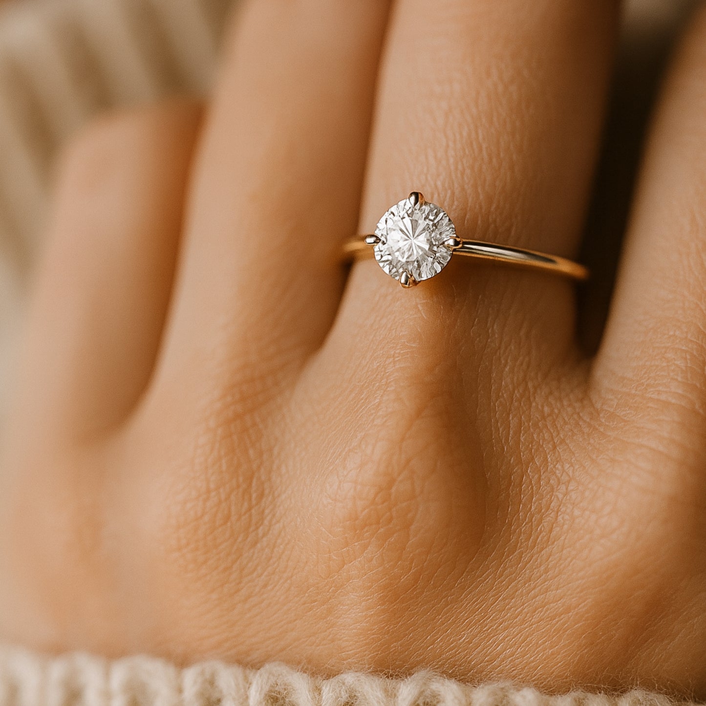 Diiro Round Cut Yellow Gold Diamond Ring Held Between Fingers Close Up