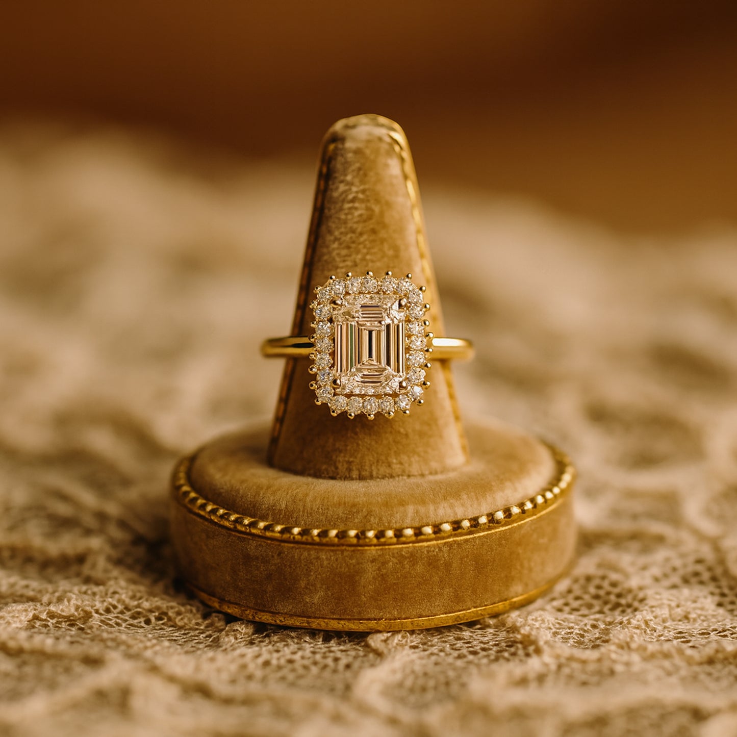 Classic Emerald Cut Moissanite Ring With Double Halo - Elegant Bridal Or Cocktail Wedding Jewelry