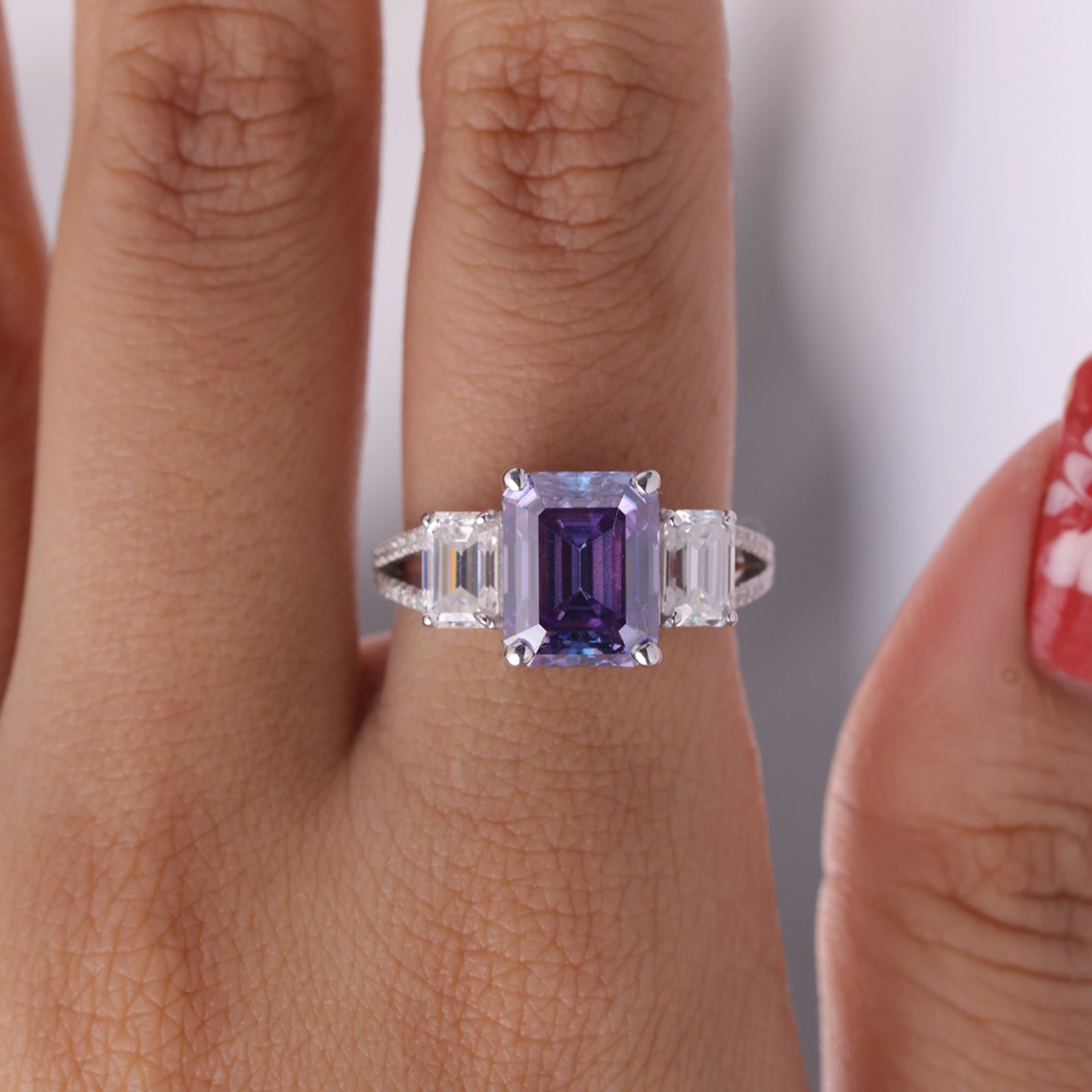 Purple Gemstone Engagement Ring, Three-Stone Moissanite White Gold Fine Jewelry With Sparkle