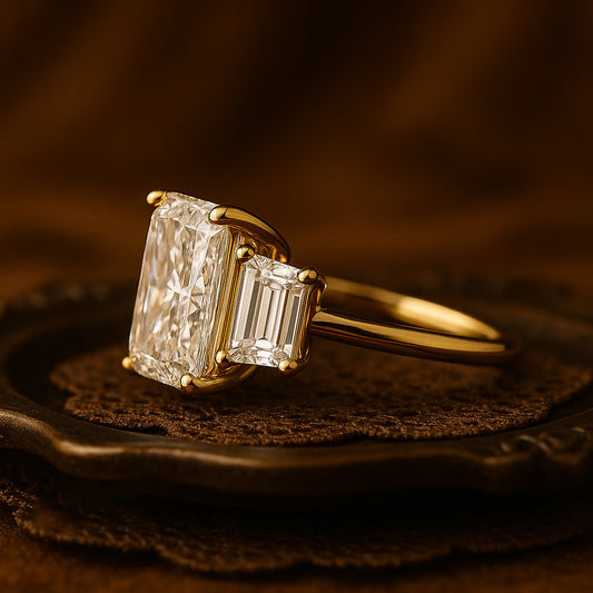 Elegant Radiant Cut Diamond Ring With Baguette Side Stones Set In Timeless 18K Yellow Gold Band