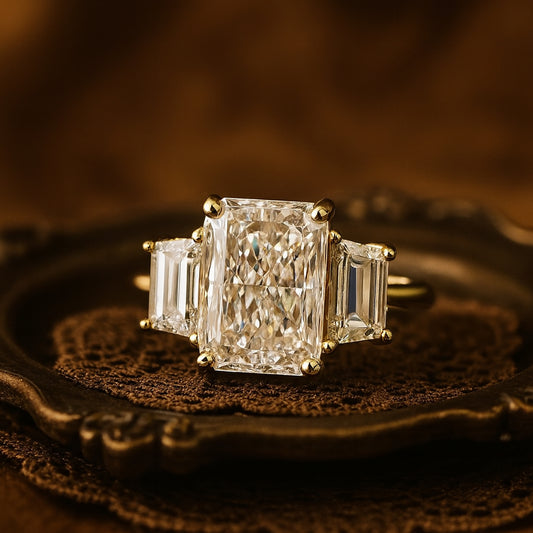 Classic Three Stone Engagement Ring Featuring Radiant Center Diamond And Two Baguette Side Diamonds