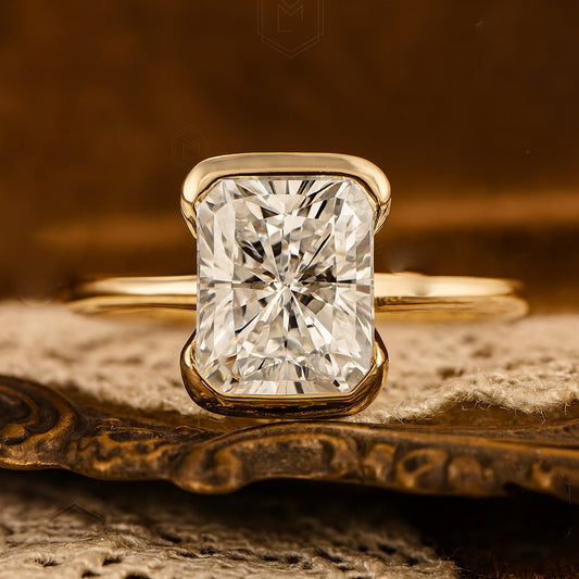 1.50ct Radiant Cut Moissanite Engagement Ring With Half Bezel Solitaire Setting In Gold VVS1