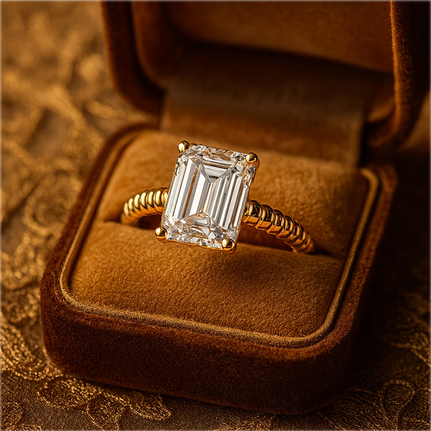 Emerald-Cut Diamond Solitaire Ring With Unique Ribbed Band - Modern Vintage Engagement Design