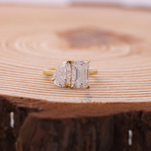 Toi Et Moi Ring, Emerald Cut & Pear Shape Moissanite 2 Ct Yellow Gold Engagement Fine Jewelry
