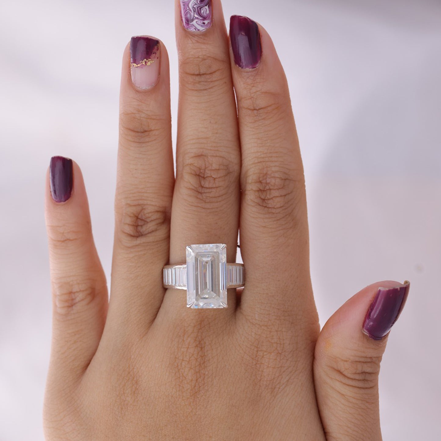 Emerald Cut Moissanite Ring, 1ct Baguette Sides Half Eternity 14K Gold Engagement Fine Jewelry