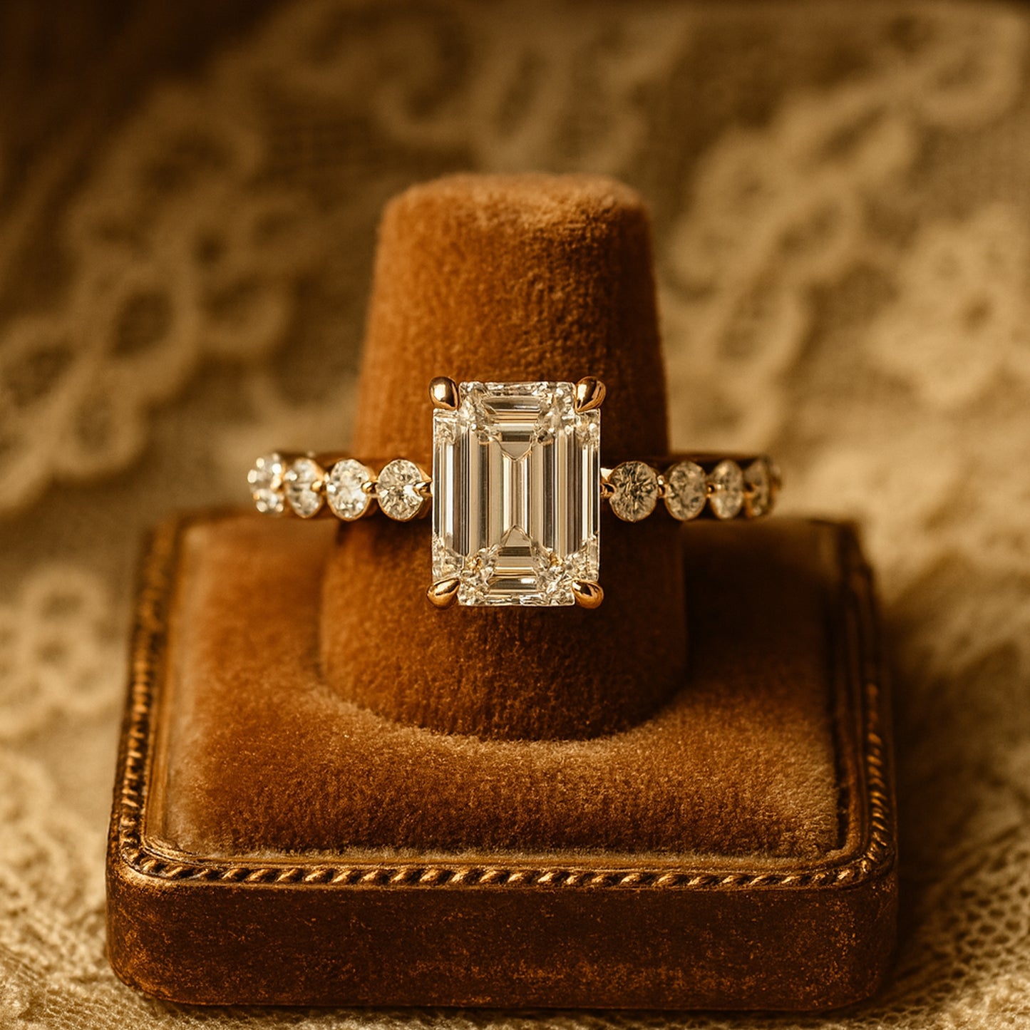 Emerald Cut Moissanite Solitaire Ring Set In Gold With Brilliant Side Stones, Perfect For Women