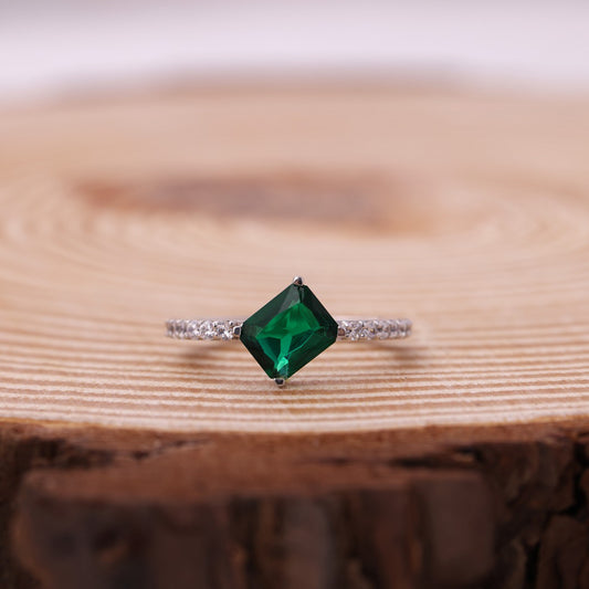 Radiant Cut Green Gemstone Ring, 1.50 Ct Moissanite Pave Band 14K Gold Engagement Fine Jewelry