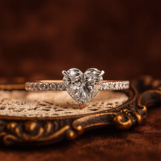 Elegant Heart Shaped Moissanite Engagement Ring Featuring Pave Band And Diamond-Like Brilliance