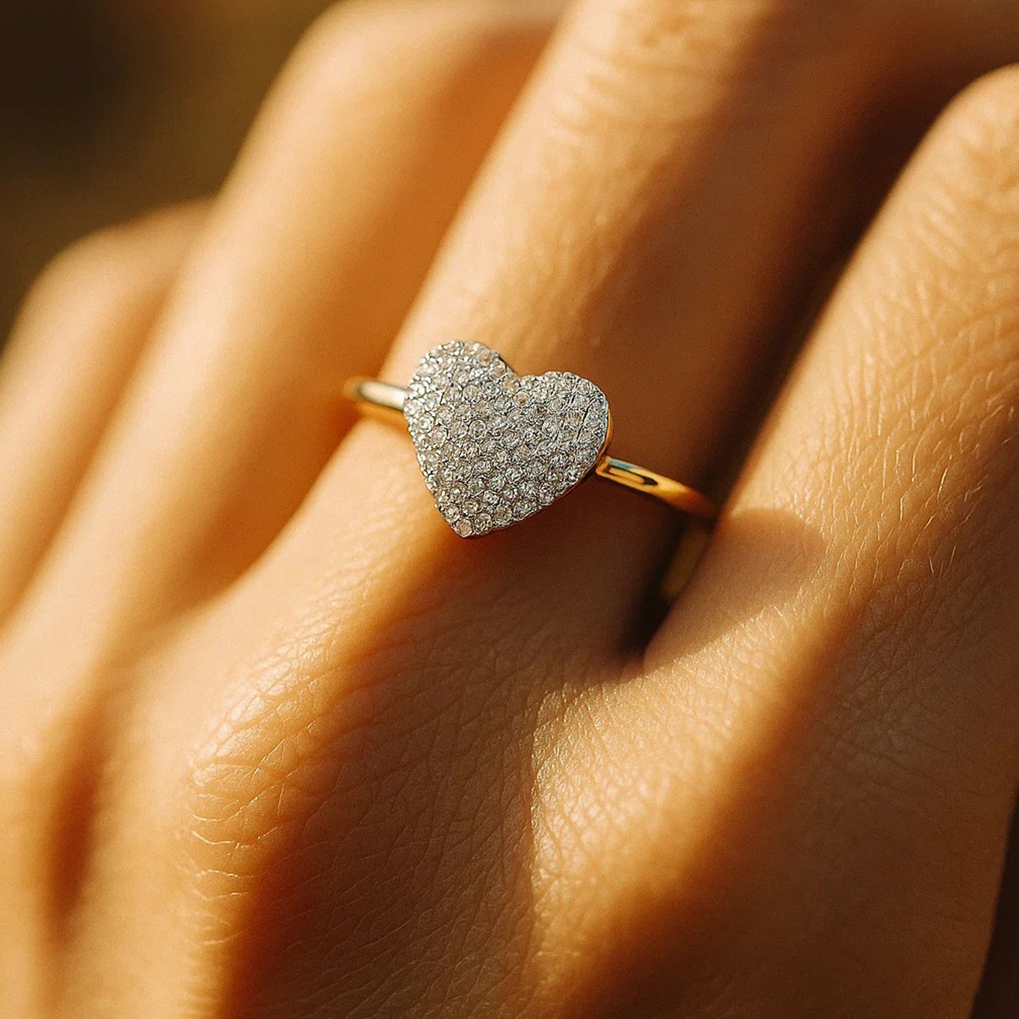 Elegant Heart Shaped Pave Moissanite Ring For Women, Fine Gold Band Promise Ring With Sparkling Stones
