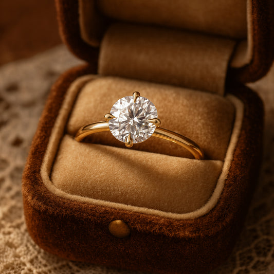 Diiro Yellow Gold Solitaire Diamond Ring Displayed On Antique Jewelry Box