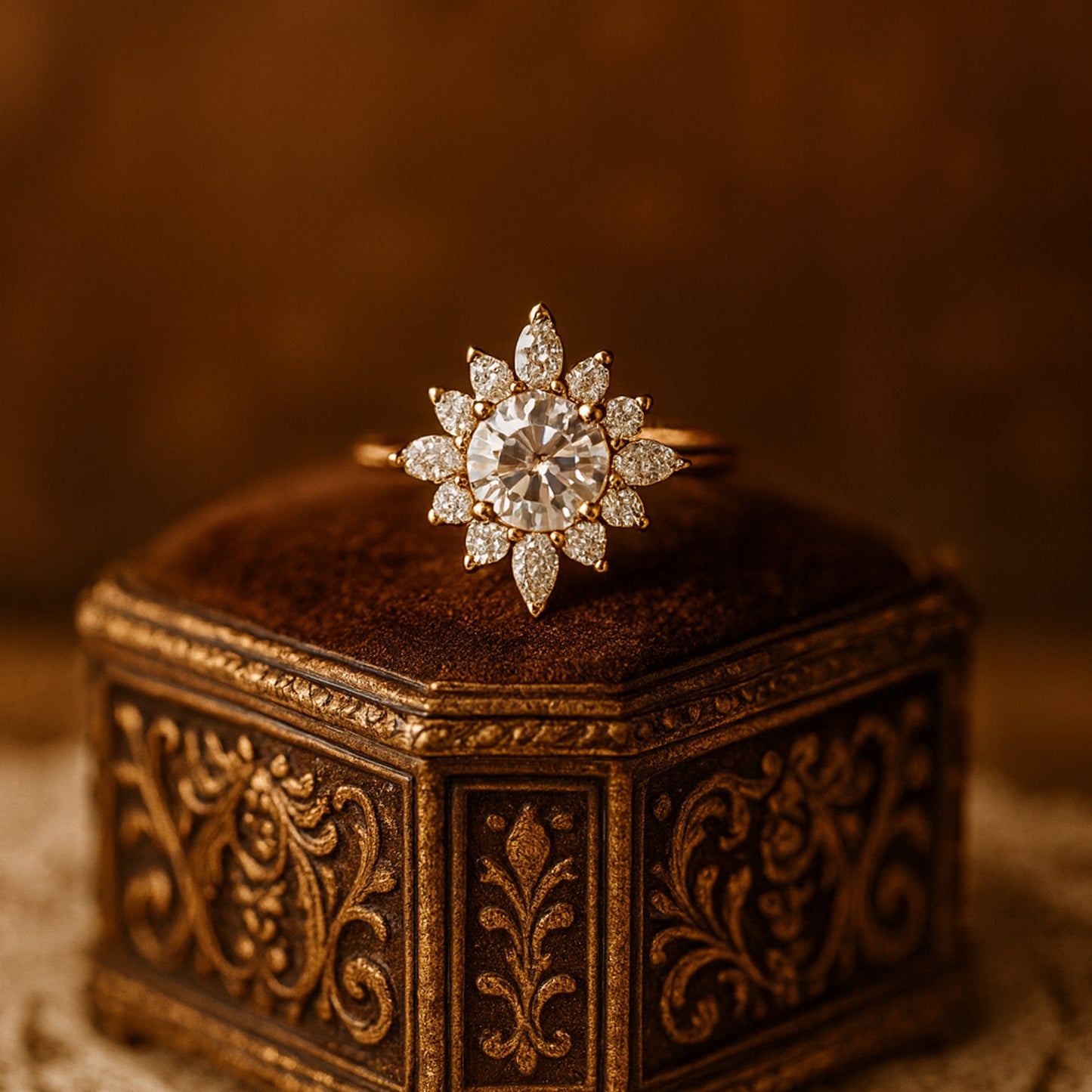 Dazzling Moissanite Ring In Floral Diamond Style With Marquise Petals And Brilliant Round Center Stone.