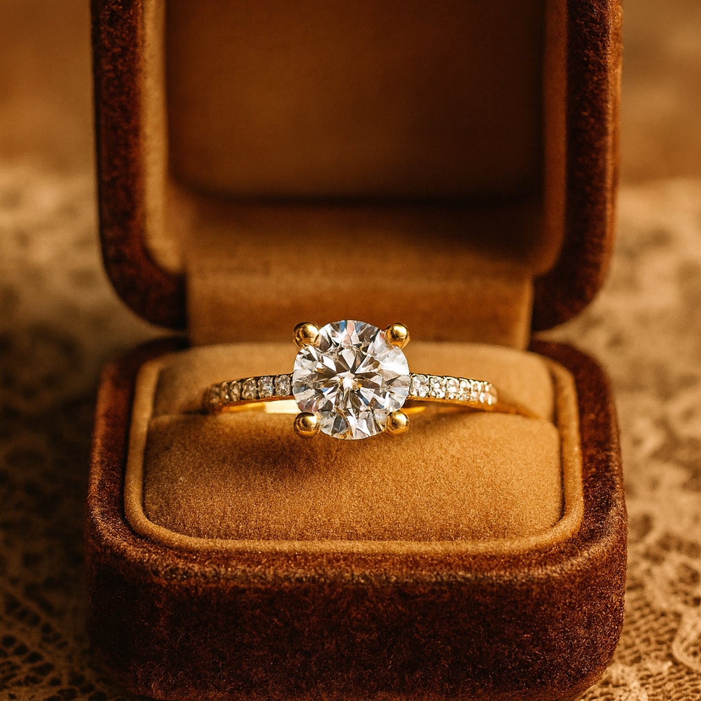 Yellow Gold Solitaire Engagement Ring With Round Brilliant Diamond and Pavé Diamond Band