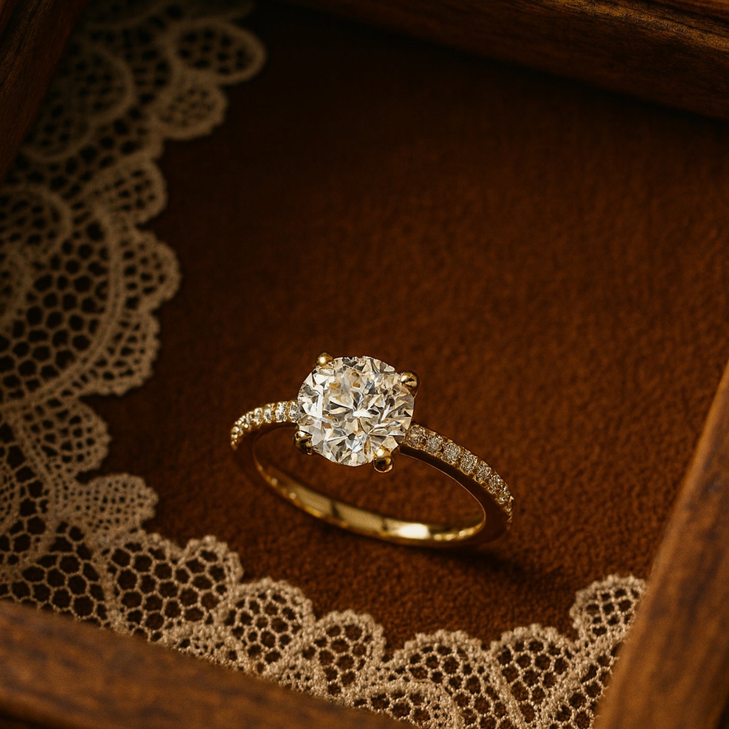 Yellow Gold Solitaire Engagement Ring With Round Brilliant Diamond and Pavé Diamond Band