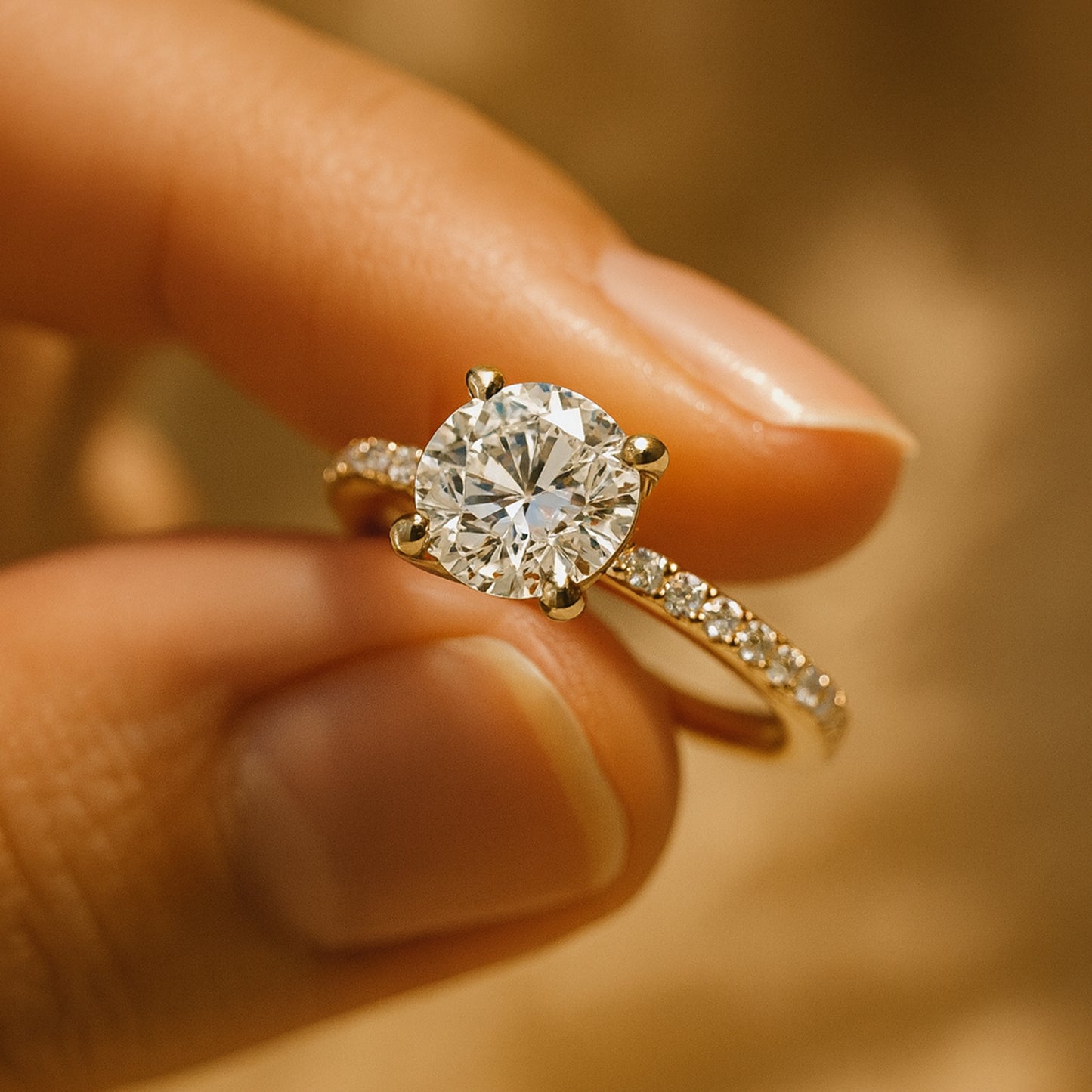 Yellow Gold Solitaire Engagement Ring With Round Brilliant Diamond and Pavé Diamond Band