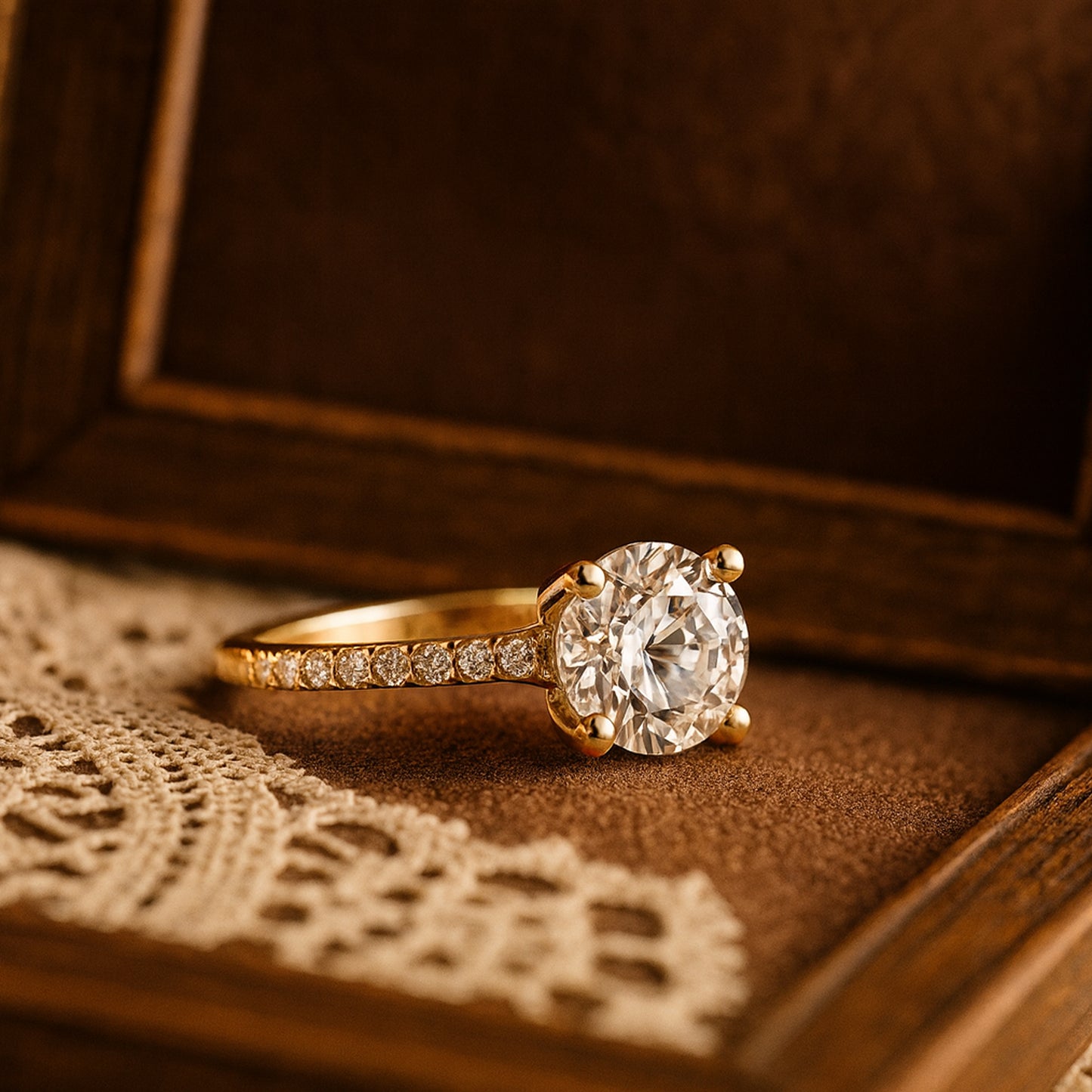 Yellow Gold Solitaire Engagement Ring With Round Brilliant Diamond and Pavé Diamond Band