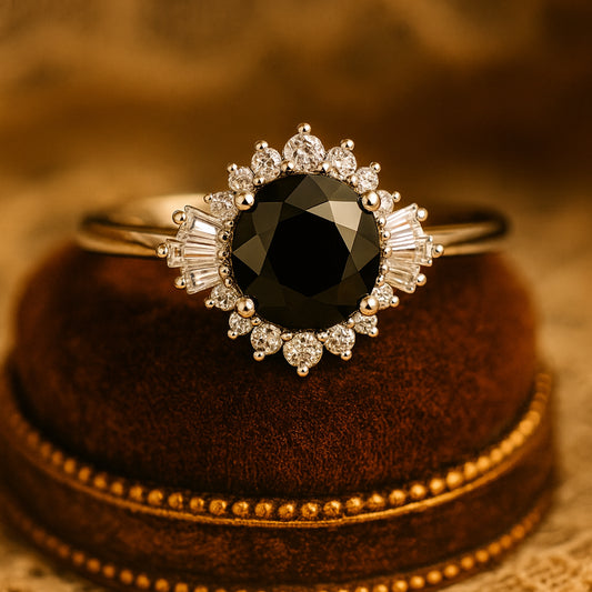 Round Black Moissanite Ring VVS1 Clarity With Baguette Diamond Halo Vintage Setting
