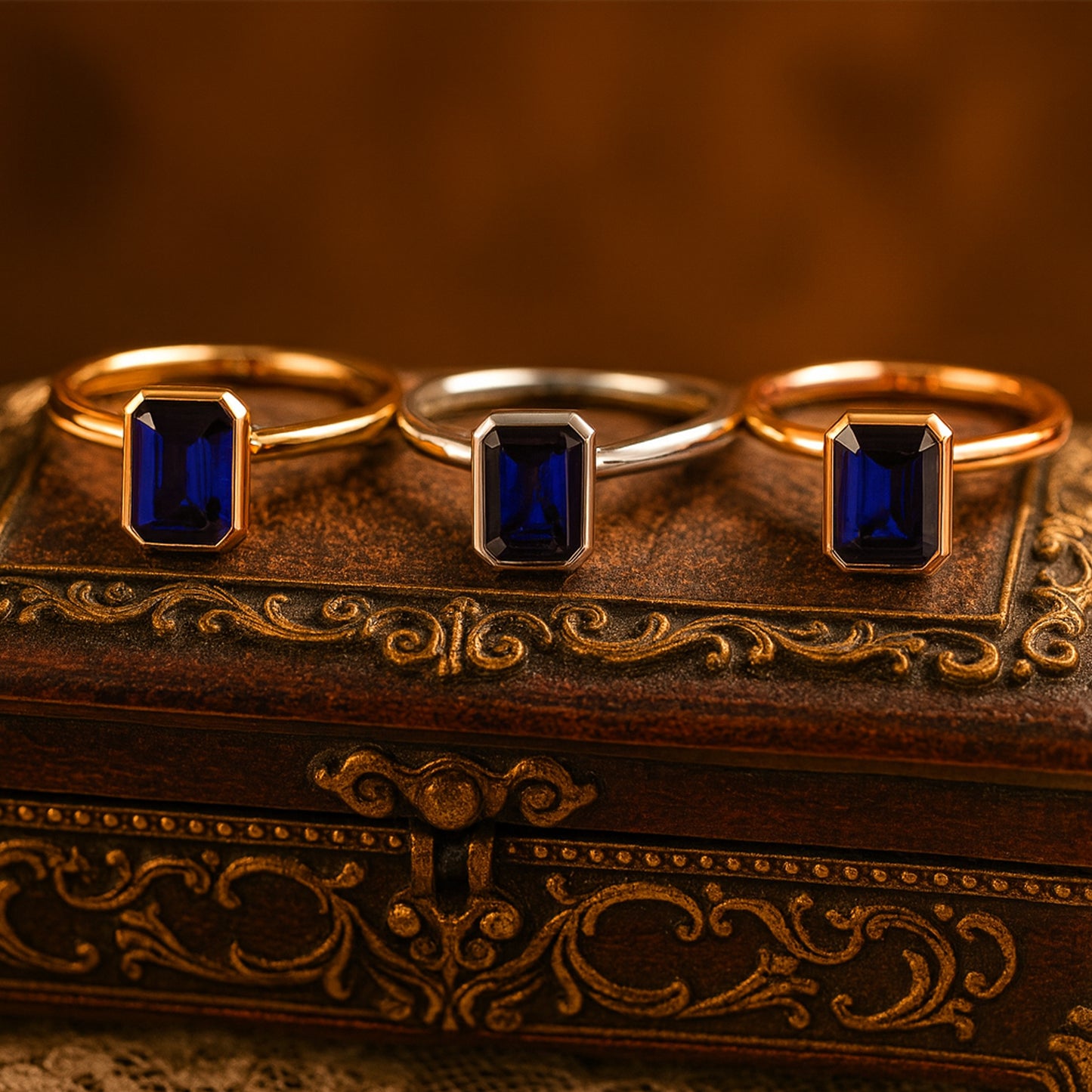 Emerald Cut Blue Sapphire Gold Band Ring Elegant Design