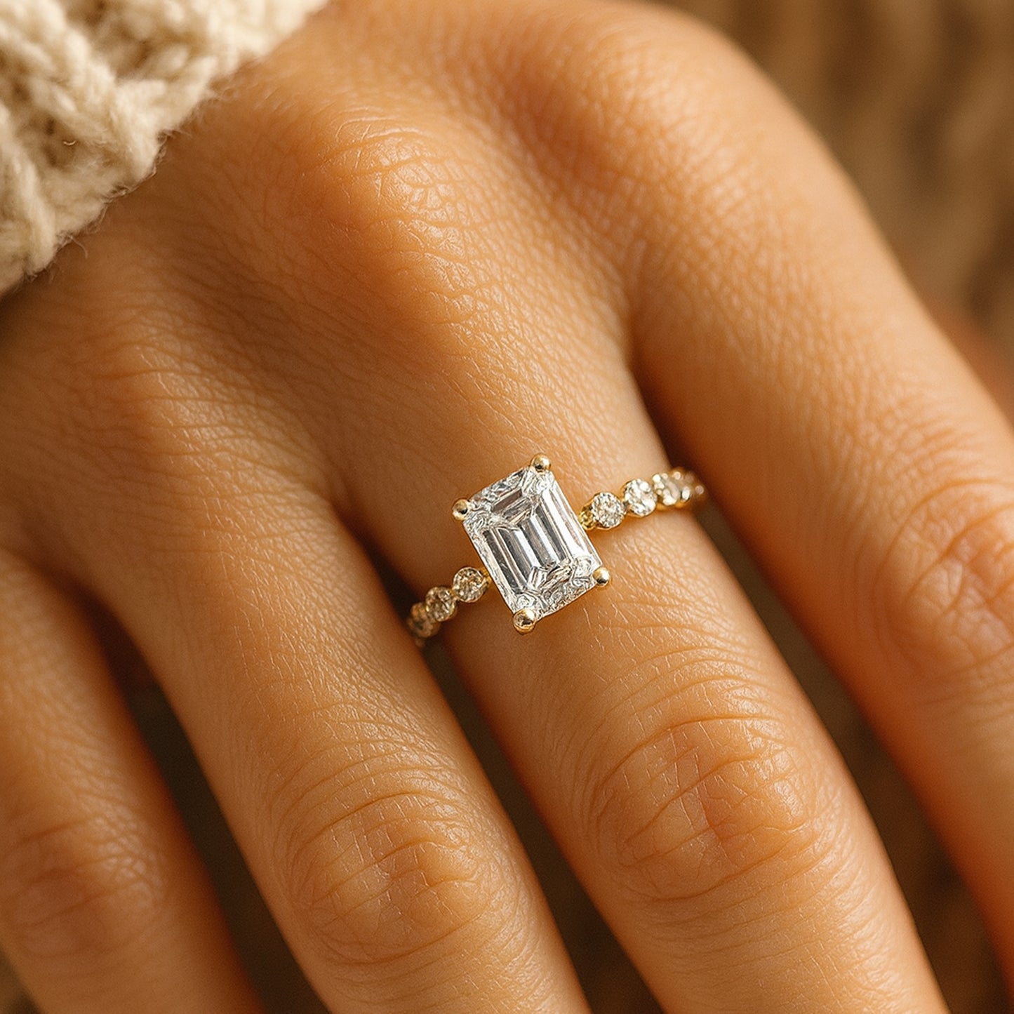 Romantic Emerald Cut Moissanite Ring With Delicate Accent Stones, Ideal For Brides And Anniversaries