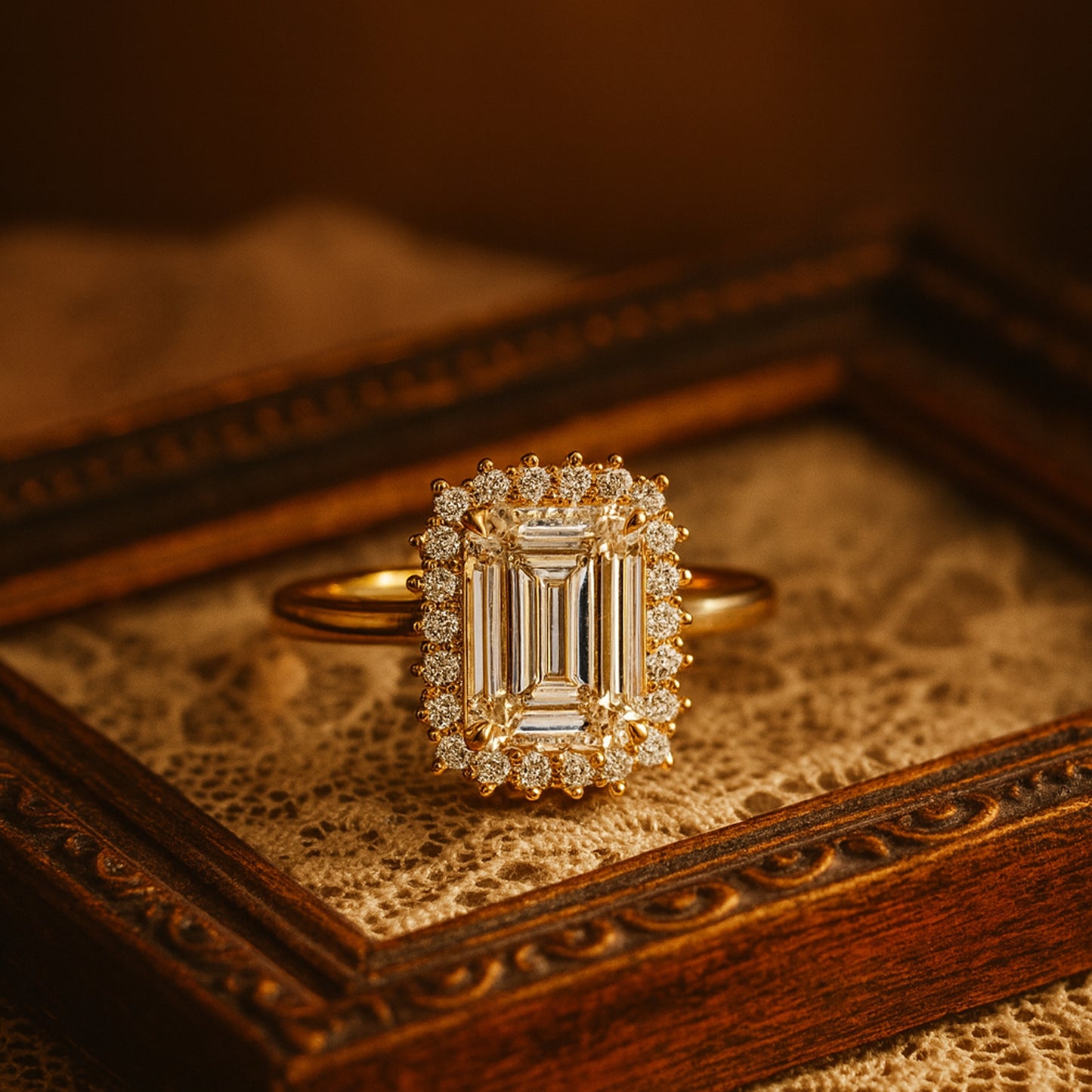 Elegant Emerald Cut Moissanite Ring With Double Halo - Perfect For Engagement And Special Occasions