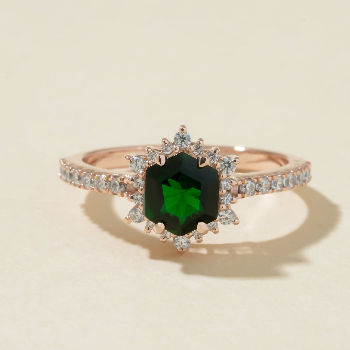 Engagement Green Stone Ring, Moissanite Rose Gold Halo Fine Jewelry With Romantic Appeal