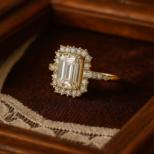 Double Halo Emerald Cut Moissanite Ring In Gold - Stunning Bridal Jewelry For Engagement Or Cocktail