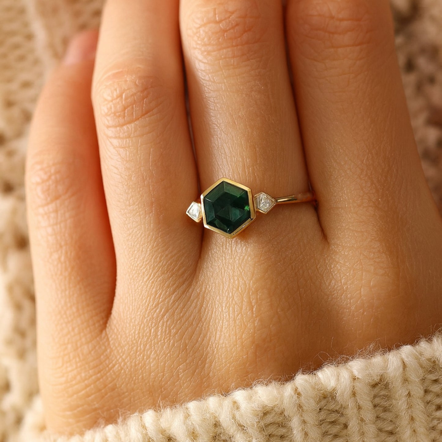 Hexagon Emerald Ring With Diamond Accents, Green Birthstone Fine Gemstone Jewelry And Modern Geometric Design