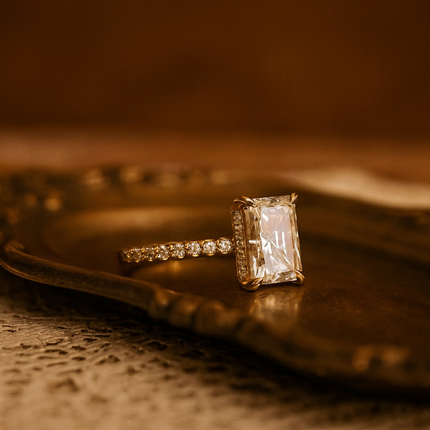 Women's Gold Engagement Ring Featuring Radiant Cut Moissanite With Hidden Halo - Classic Wedding Band Style