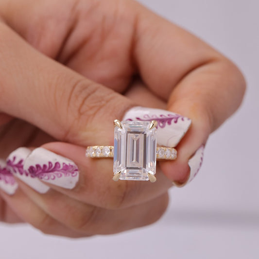 Emerald Cut Moissanite Ring With Side Stones, 10K Gold Wedding Band Fine Jewelry With VVS1 Clarity