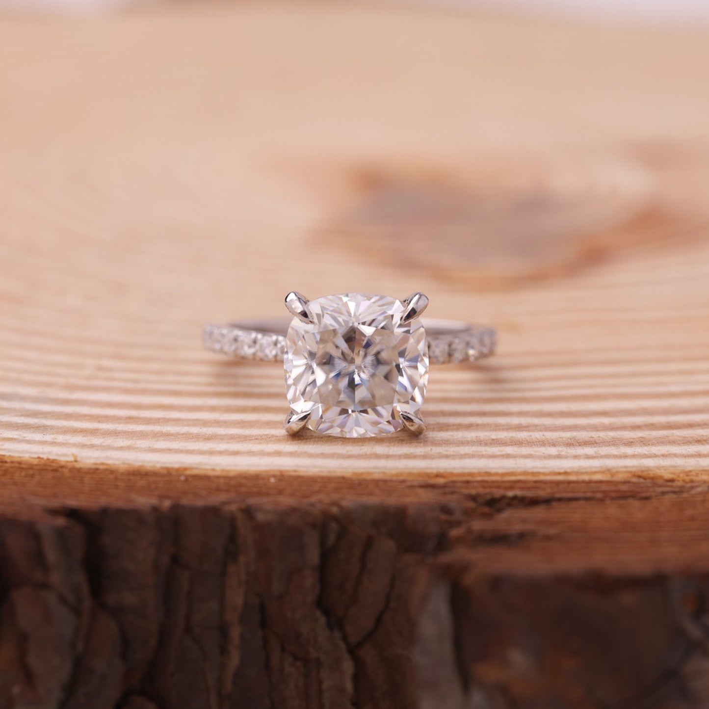 Cushion Cut Moissanite Ring, Pave Band 14K Gold Engagement Fine Jewelry With VVS1 Clarity