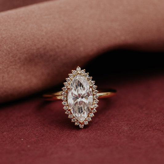 Marquise Cut Halo Moissanite Engagement Ring, Birthstone Fine Jewelry With 14K Gold And Brilliant Design