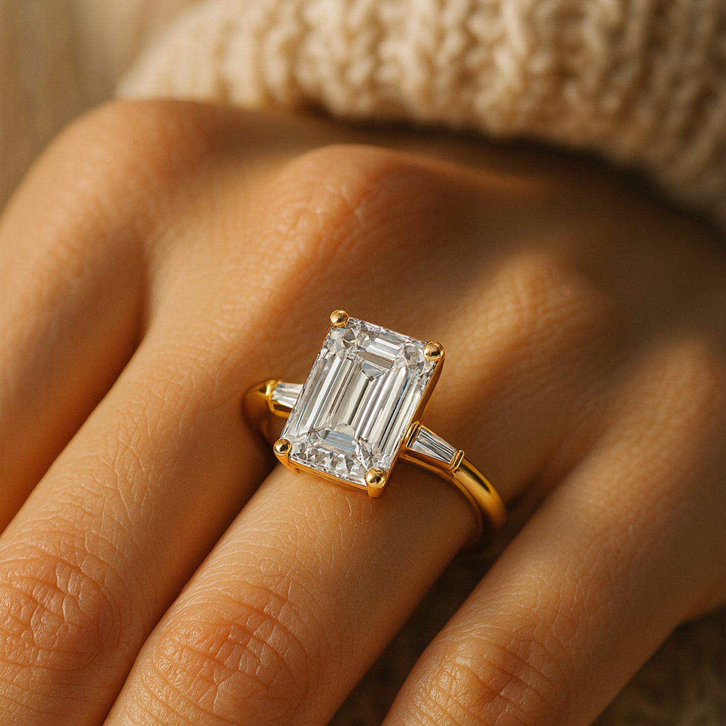 2 CT Emerald Cut Lab Diamond With Baguette Accents - Sophisticated Yellow Gold Setting