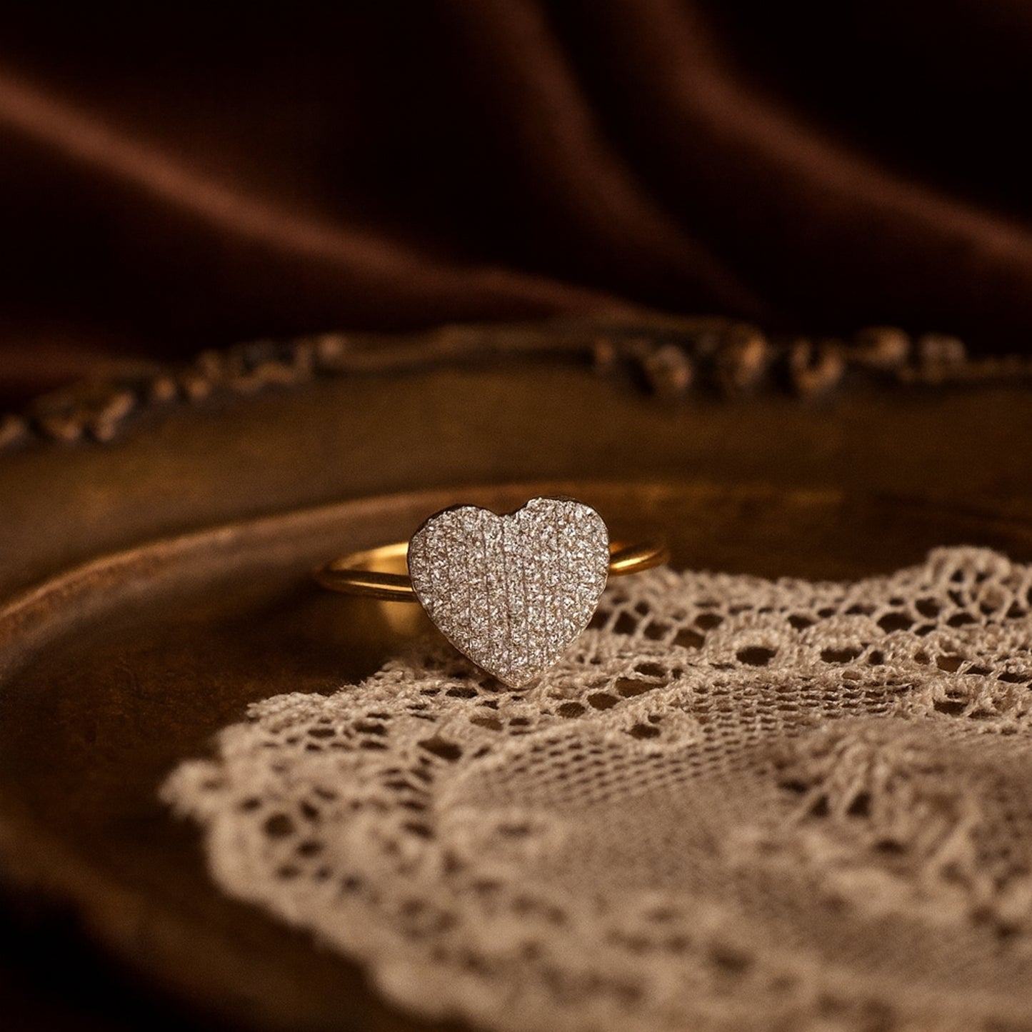 Delicate Heart Pave Moissanite Ring On Gold Band, Elegant And Timeless Jewelry Gift For Wedding Or Proposal