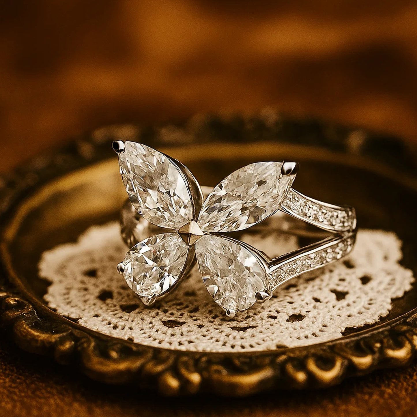 White Gold Moissanite Flower Ring With Marquise Cut Stones Creating A Brilliant Diamond-Style Blossom Design