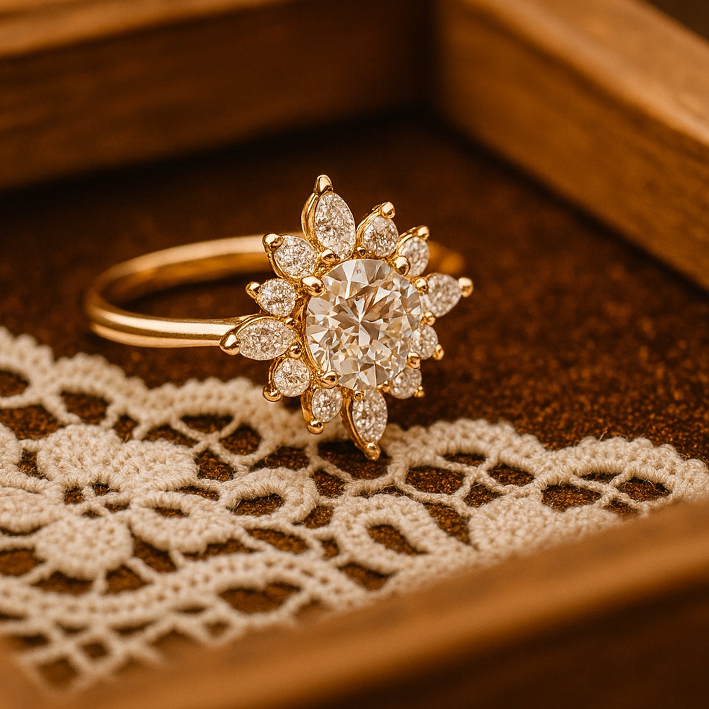 Stunning Floral Moissanite Engagement Ring Featuring Round And Marquise Diamond-Inspired Design.