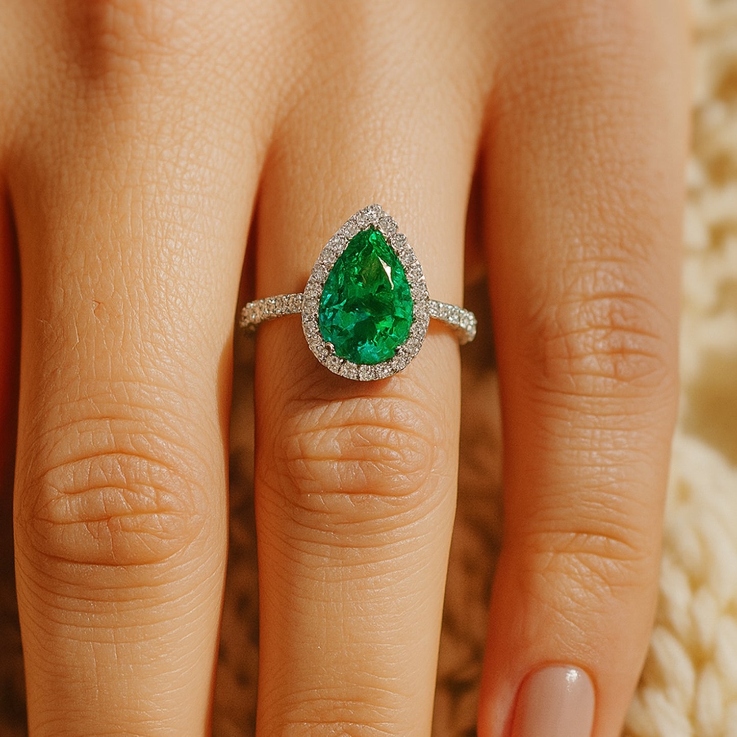 Pear-Cut Emerald Halo Ring With Diamond Band