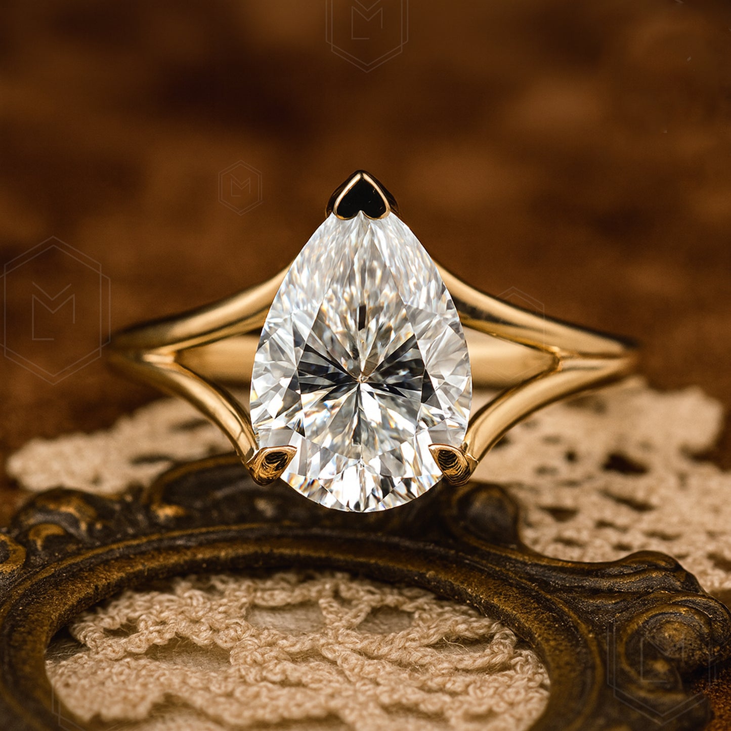 Elegant Teardrop Moissanite Engagement Ring For Brides With Beautiful Gold Band And Luxurious Finish