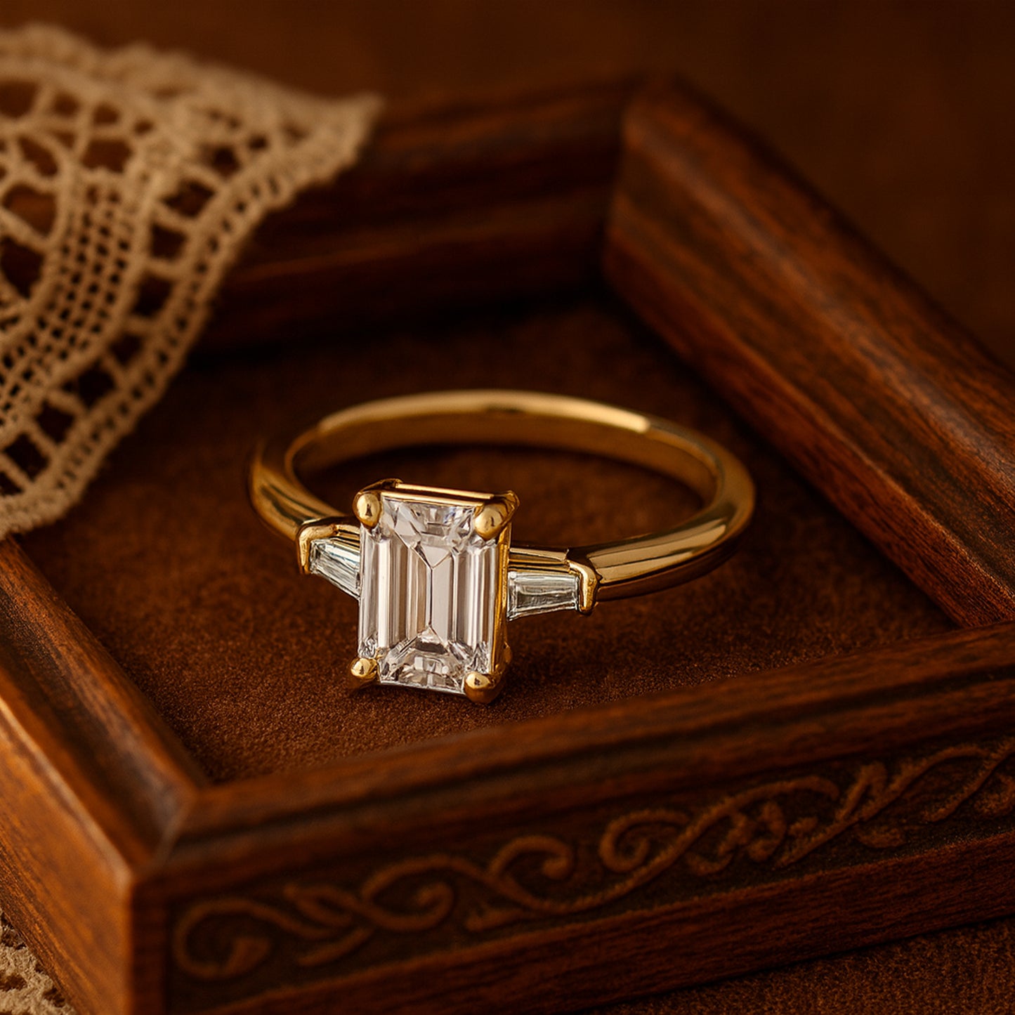 Emerald Cut Diamond Ring Close-Up - Premium Quality Three-Stone Design By Diiro