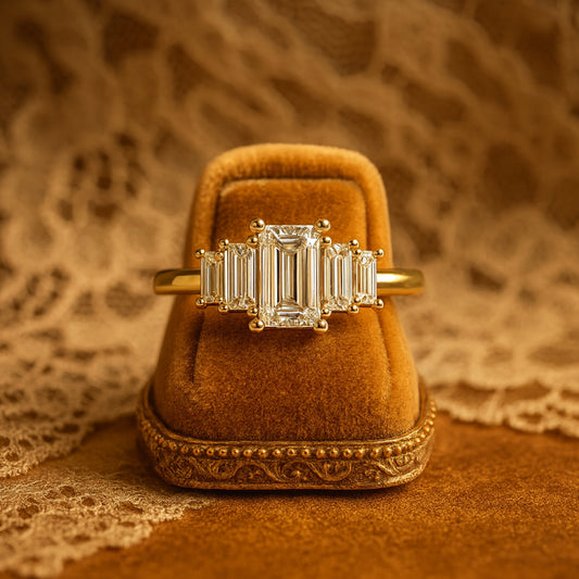 Emerald Cut Moissanite Engagement Ring In Yellow Gold – Three Stone Design