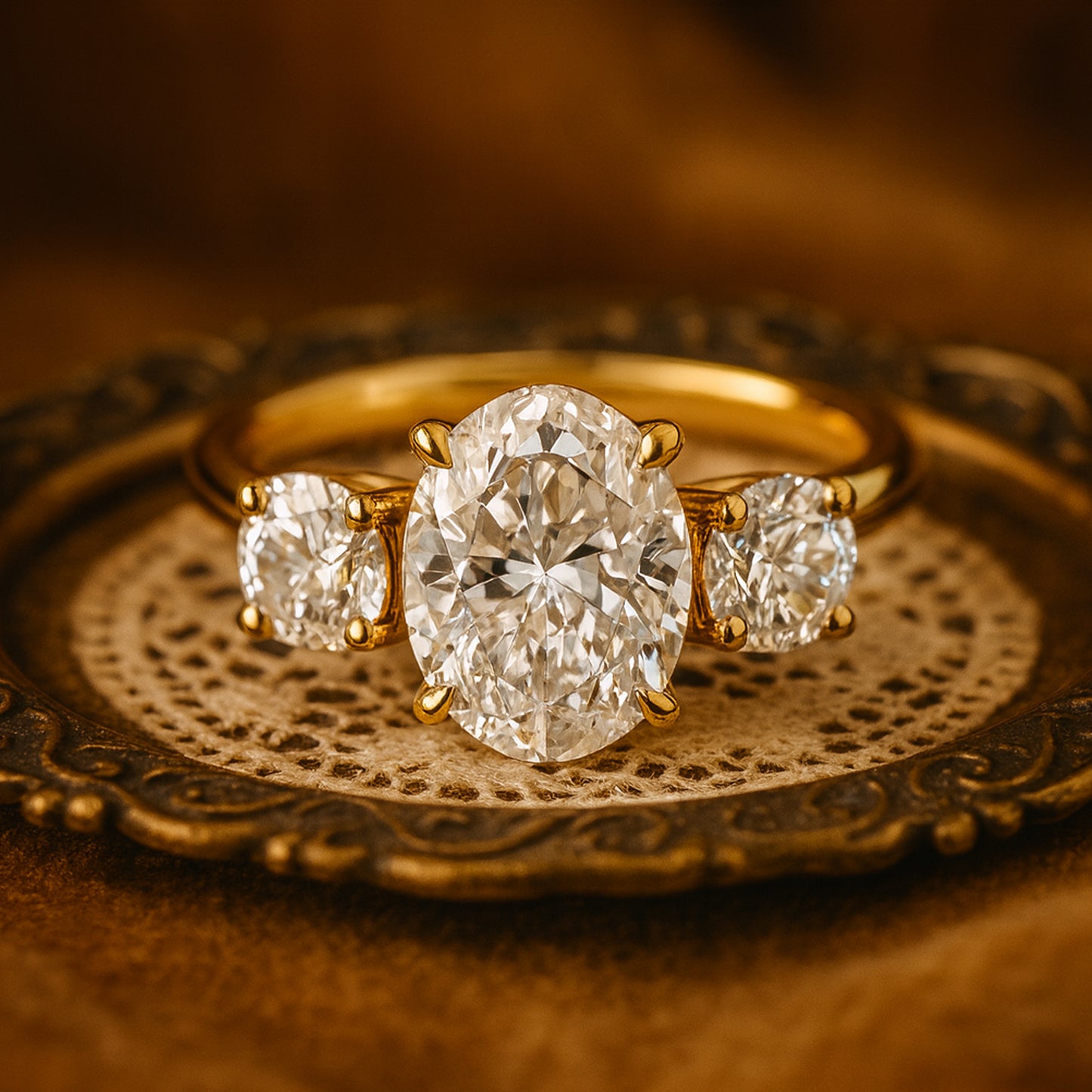 Diiro Three-Stone Oval Diamond Engagement Ring In 18K Gold, Featuring A Brilliant Center Stone With Two Side Diamonds For Classic