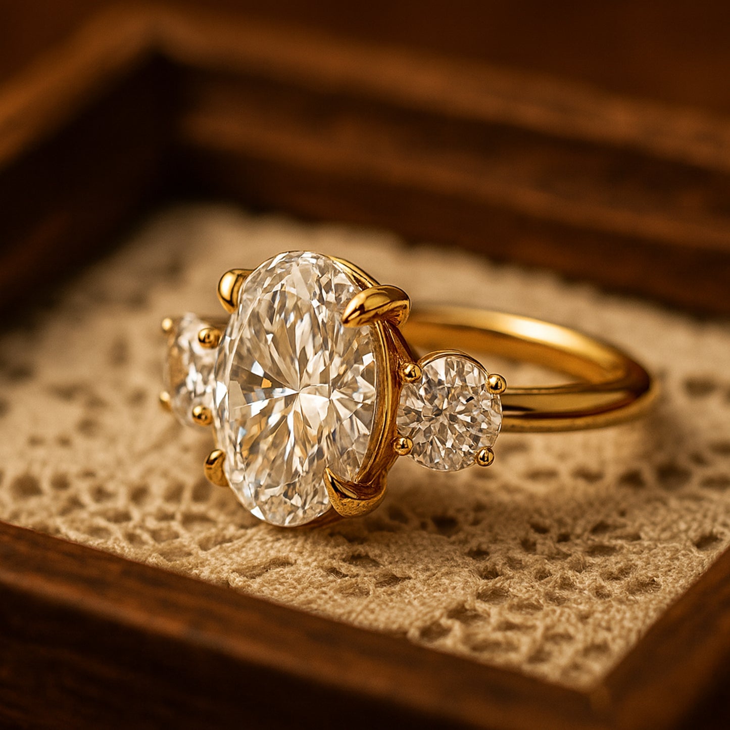 Diiro Oval Diamond Three-Stone Ring In Gold, A Refined Expression Of Luxury And Love With A Brilliant Center Diamond Framed By Two Side Stones