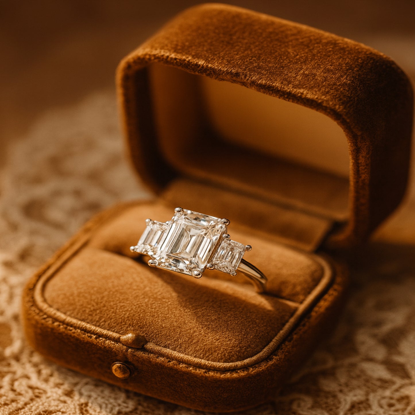 Three Stone Emerald Cut Diamond Ring Platinum Engagement