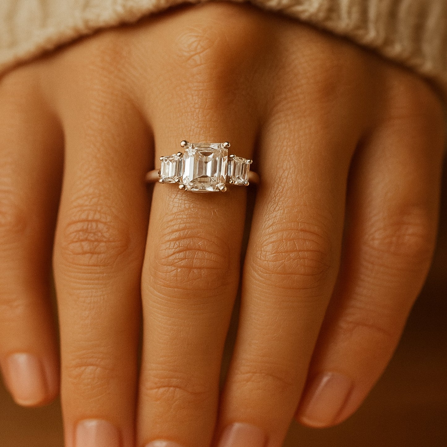 Three Stone Emerald Cut Diamond Ring Platinum Engagement