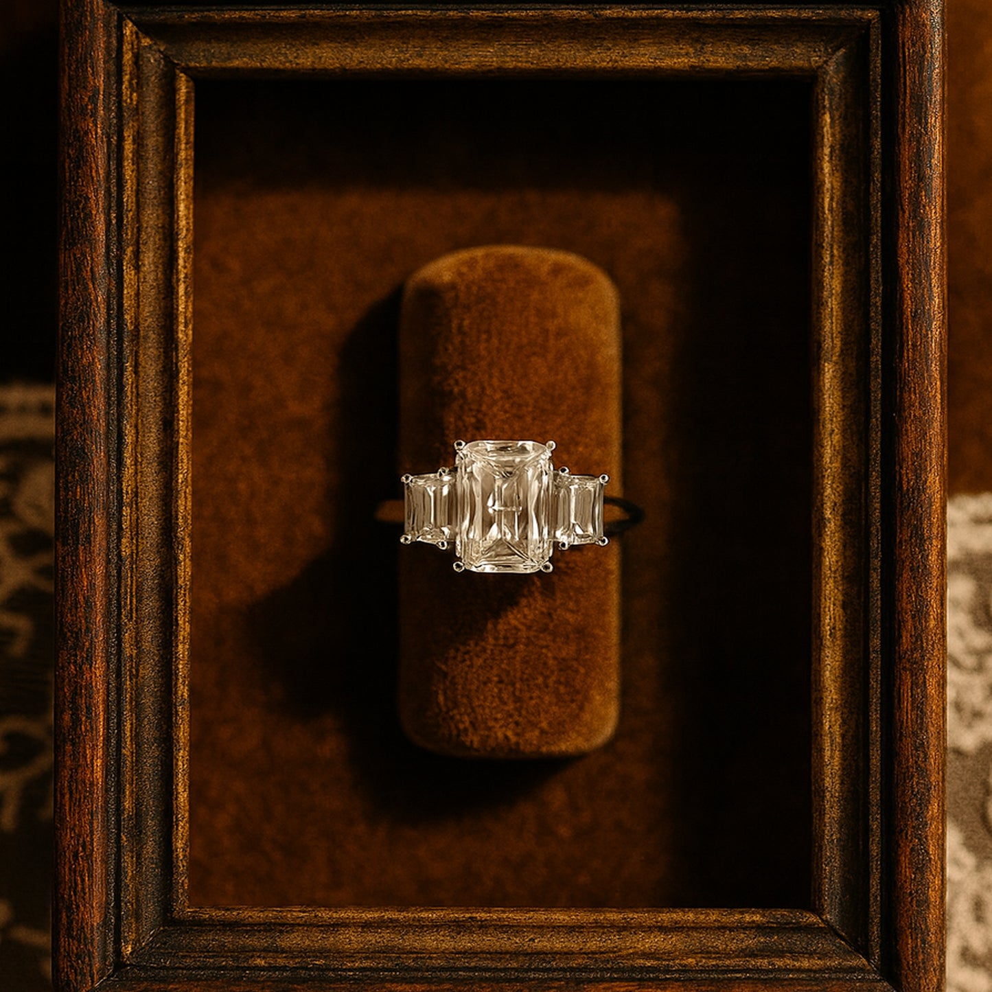 Three Stone Emerald Cut Diamond Ring Platinum Engagement
