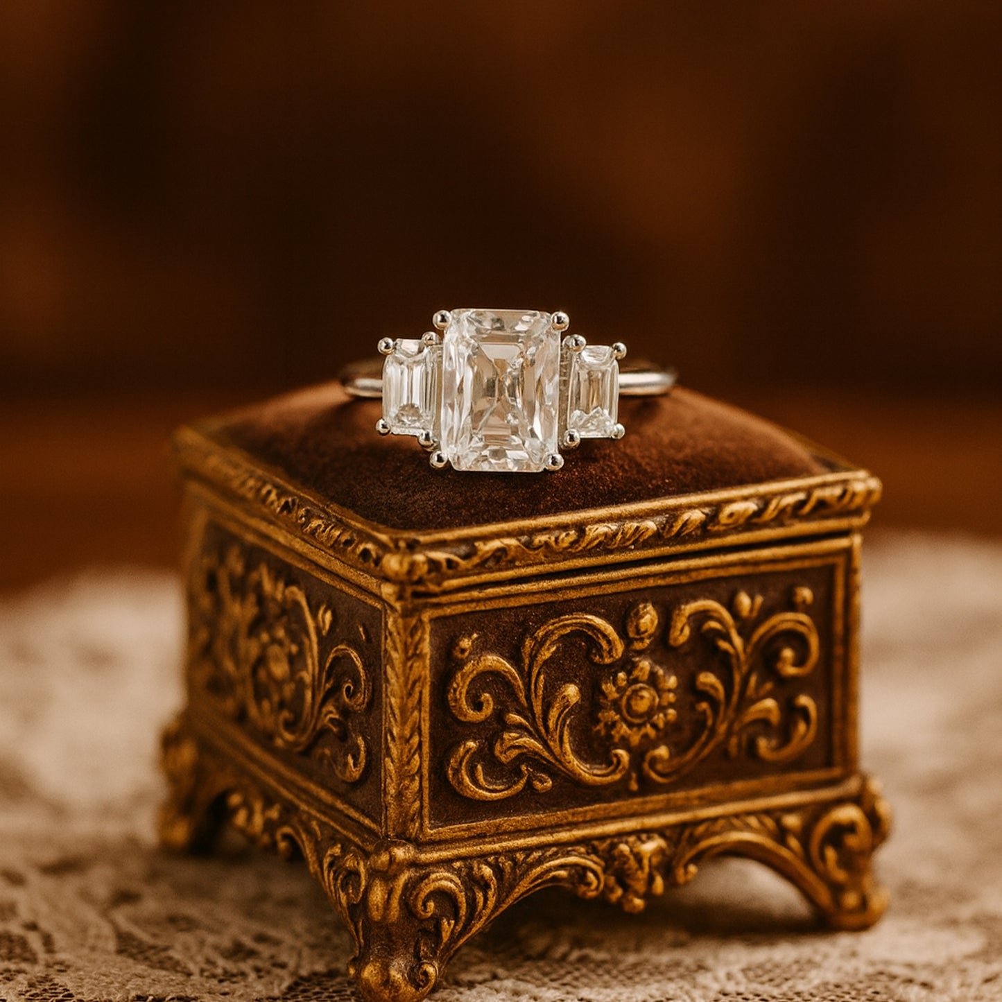 Three Stone Emerald Cut Diamond Ring Platinum Engagement