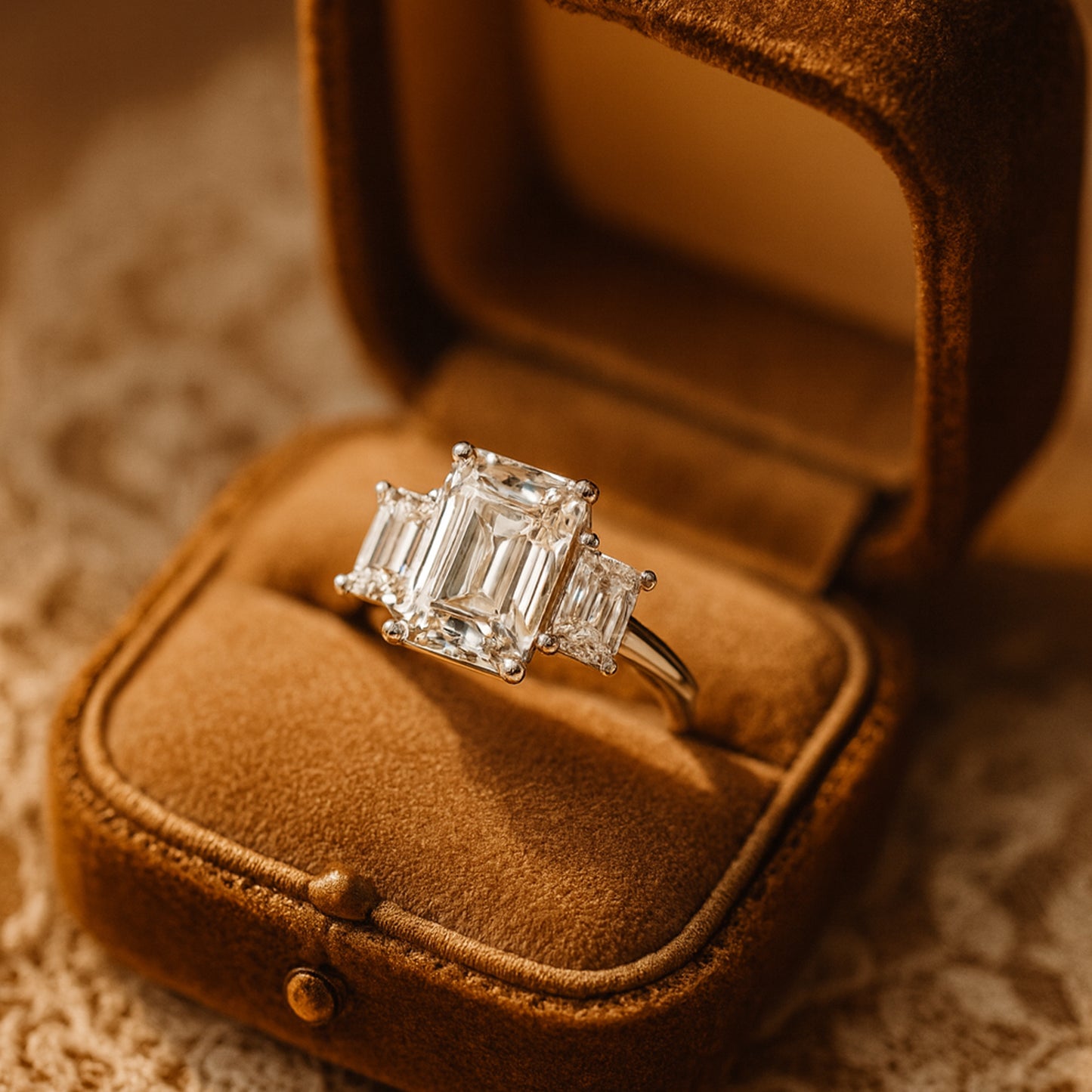 Three Stone Emerald Cut Diamond Ring Platinum Engagement