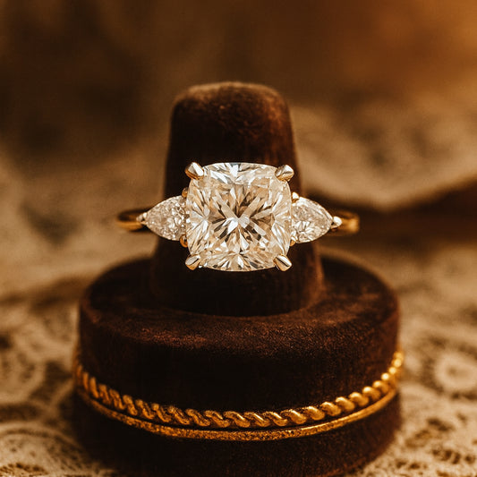 Classic Cushion Cut Moissanite Ring With Pear Side Stones, Three Stone Gold Engagement Ring For Women