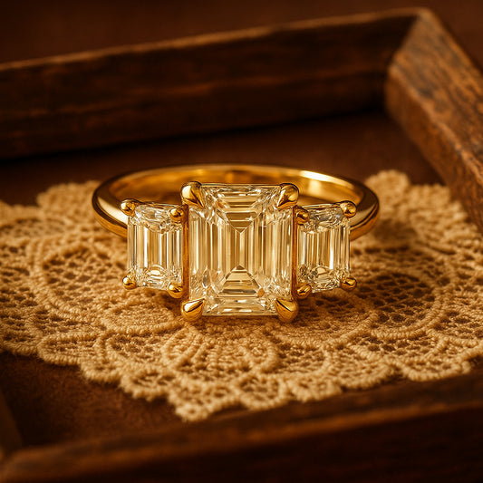 Luxury Three Stone Emerald Cut Moissanite Ring With Diamond Inspired Sparkle, Perfect For September Born Birthstone Jewelry And Special Occasions.
