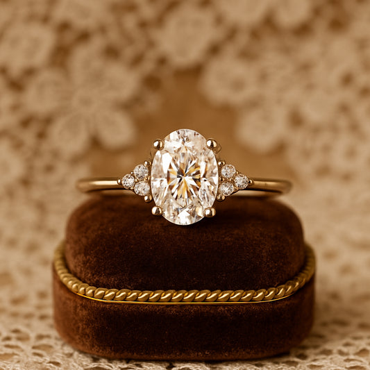 Oval Moissanite Ring VVS1 Clarity Diamond Alternative Three Stone Cluster Setting With Triangle Accents